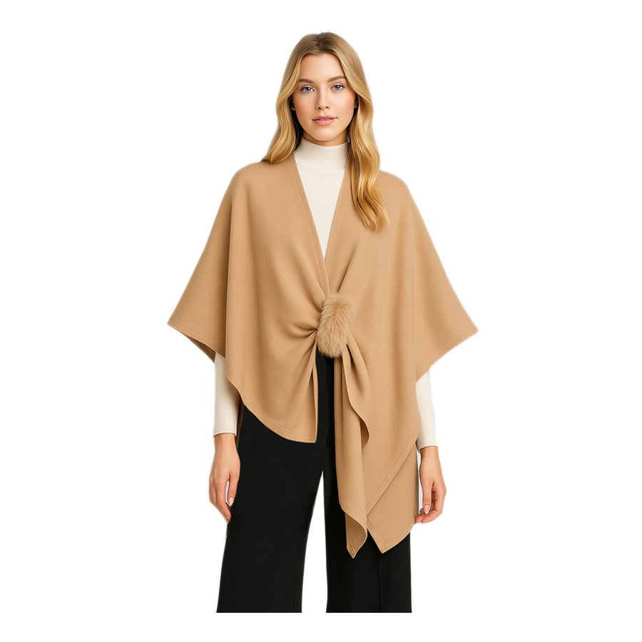 Fuchsia Furry Strap Trim Solid Knit Ruana Poncho