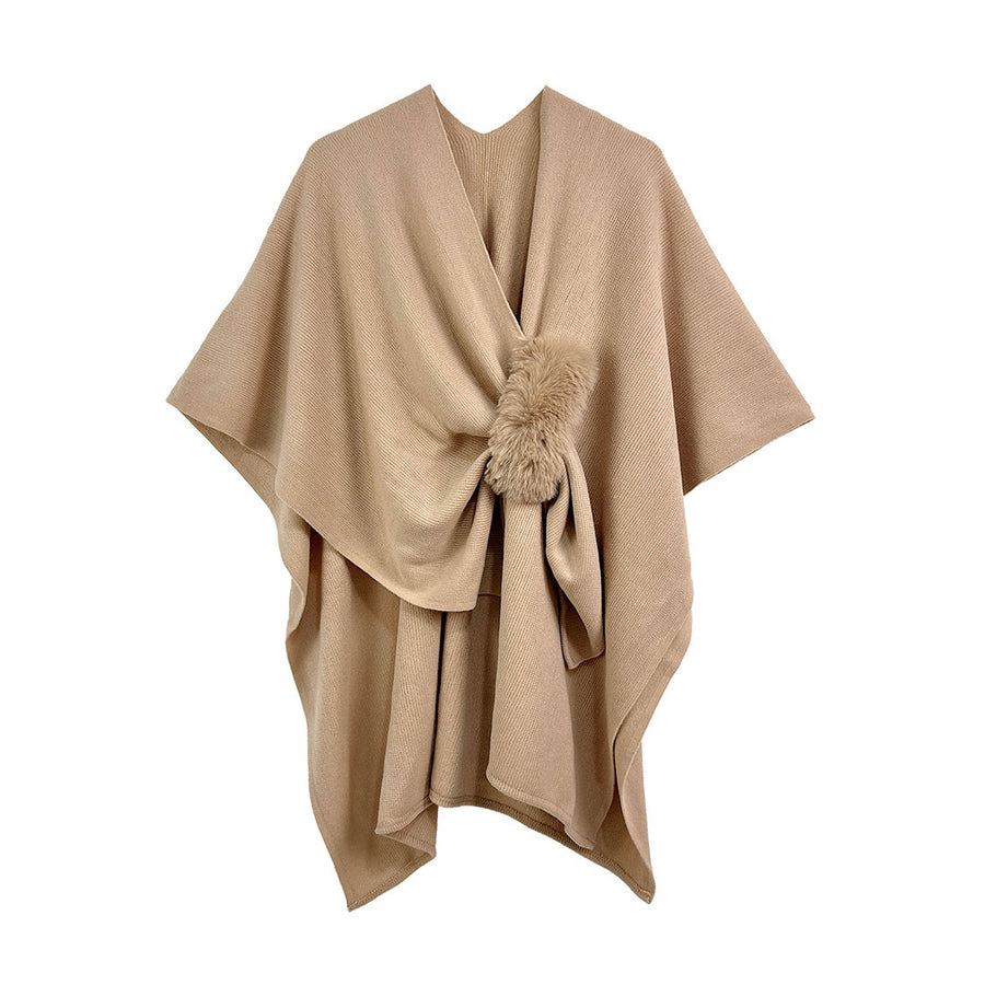 Fuchsia Furry Strap Trim Solid Knit Ruana Poncho