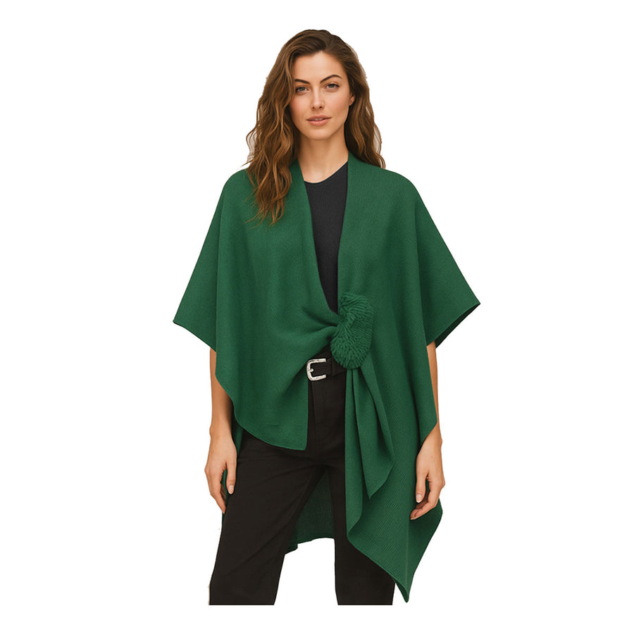 Fuchsia Furry Strap Trim Solid Knit Ruana Poncho