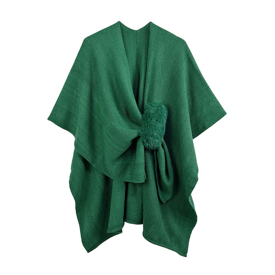 Fuchsia Furry Strap Trim Solid Knit Ruana Poncho
