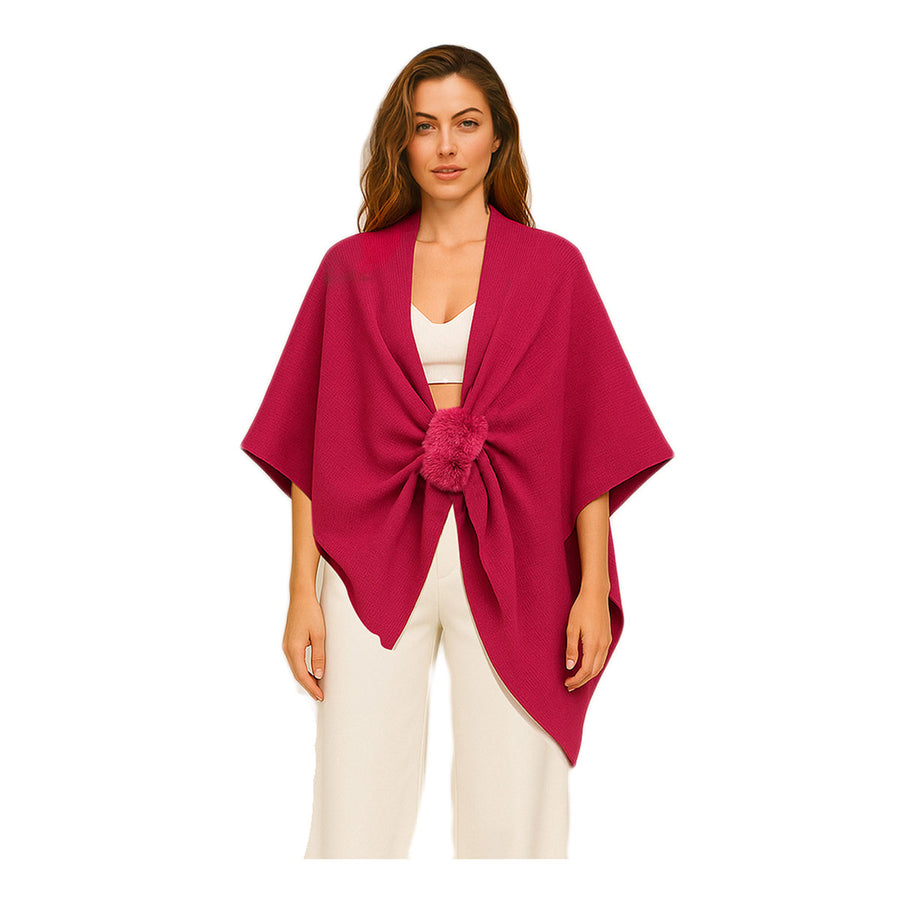 Fuchsia Furry Strap Trim Solid Knit Ruana Poncho