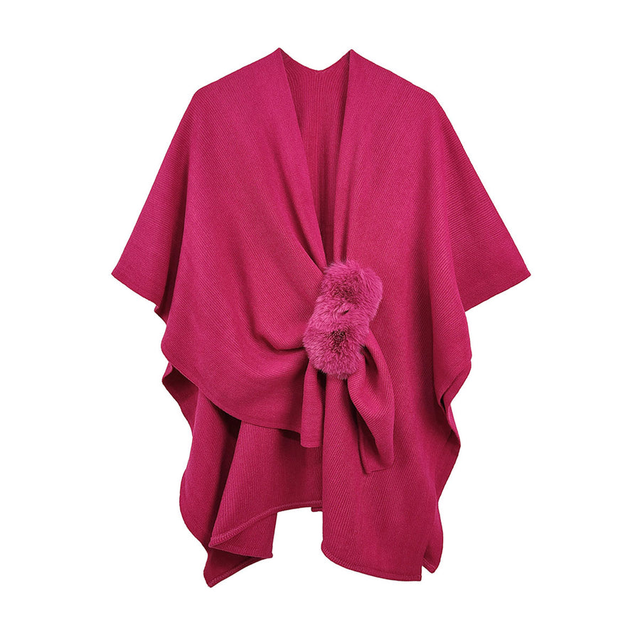 Fuchsia Furry Strap Trim Solid Knit Ruana Poncho