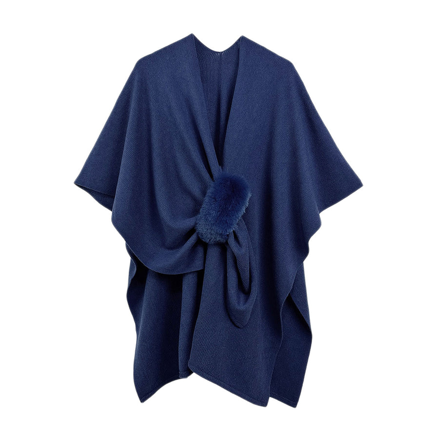 Fuchsia Furry Strap Trim Solid Knit Ruana Poncho