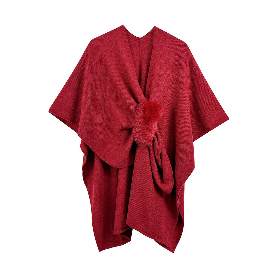 Fuchsia Furry Strap Trim Solid Knit Ruana Poncho