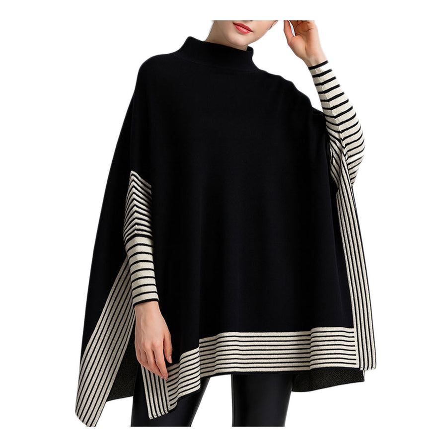 Brown Striped Hem Mock Neck Asymmetrical Poncho