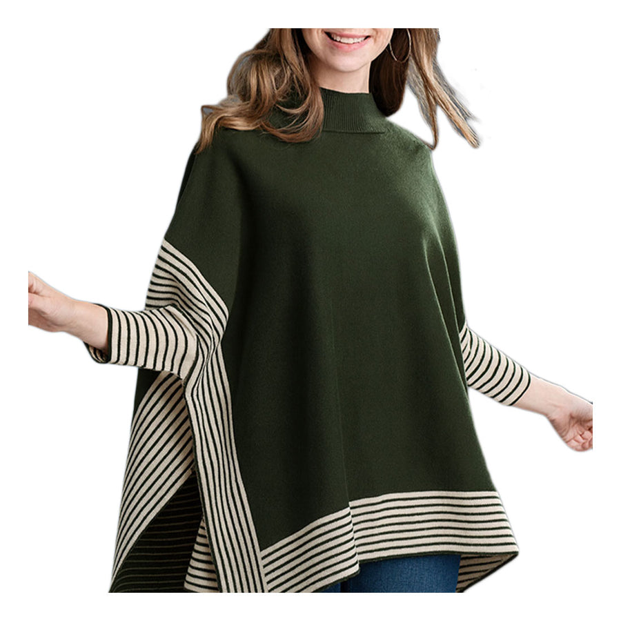 Brown Striped Hem Mock Neck Asymmetrical Poncho