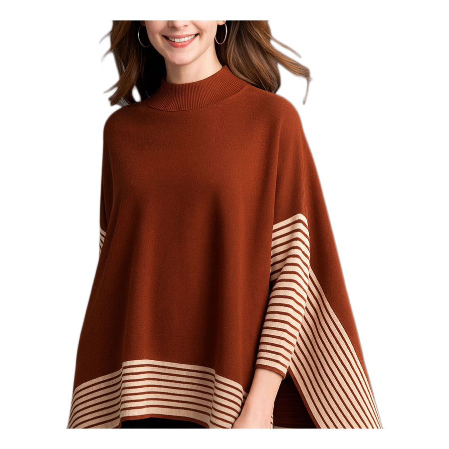 Brown Striped Hem Mock Neck Asymmetrical Poncho