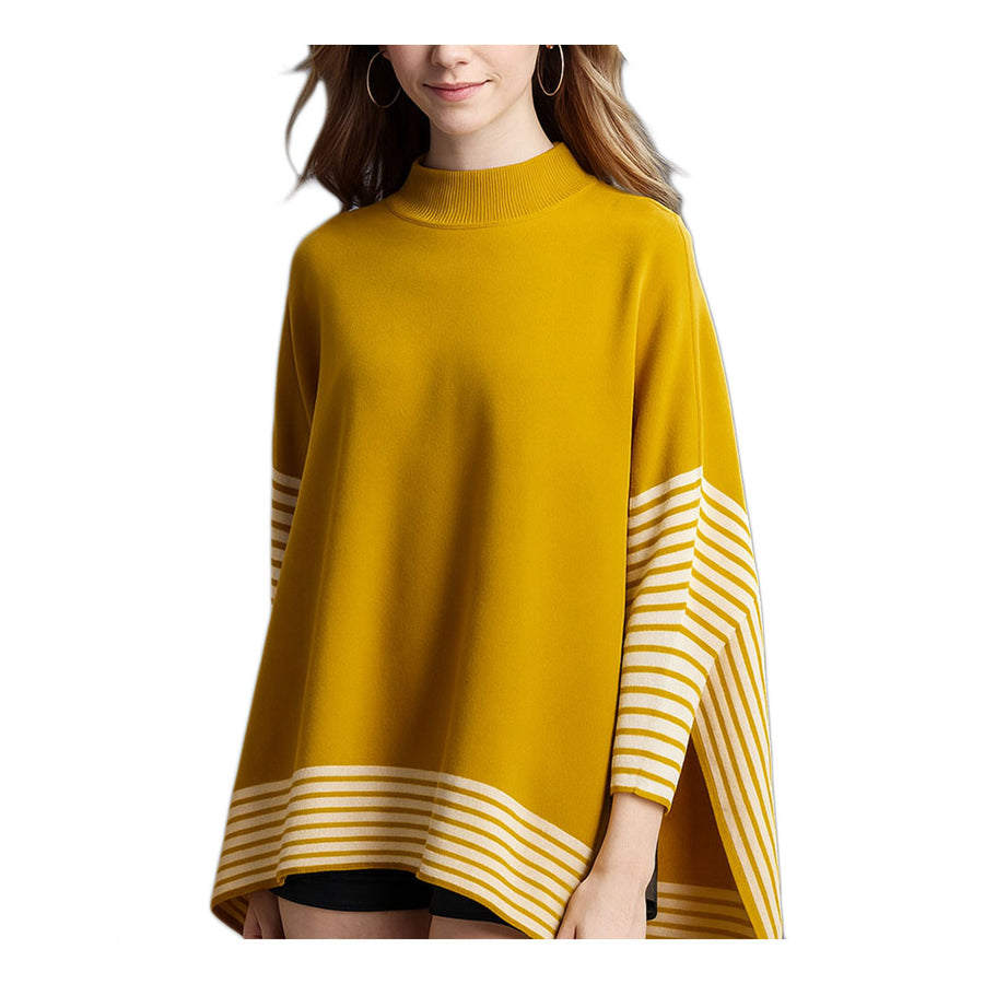 Brown Striped Hem Mock Neck Asymmetrical Poncho