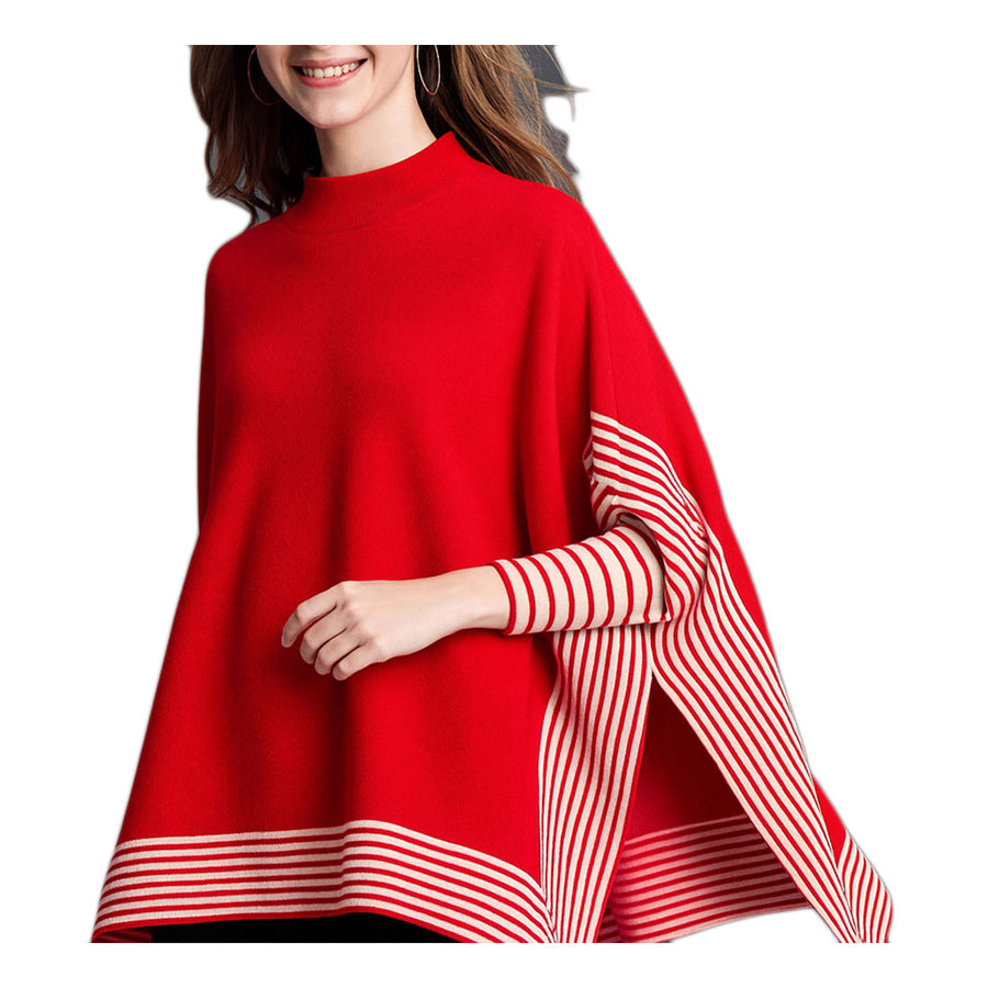 Brown Striped Hem Mock Neck Asymmetrical Poncho