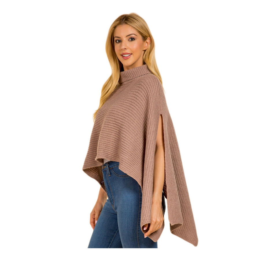 Tan Mock Neck Ribbed Knit Asymmetrical Cape Poncho