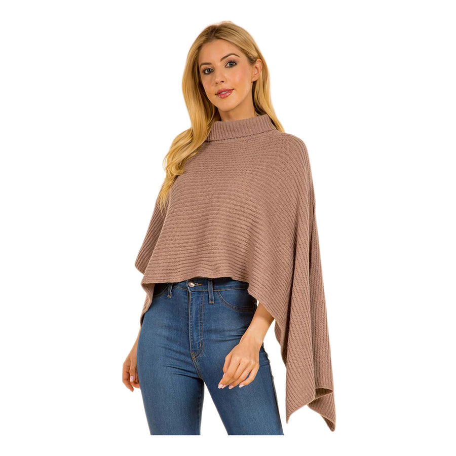 Tan Mock Neck Ribbed Knit Asymmetrical Cape Poncho