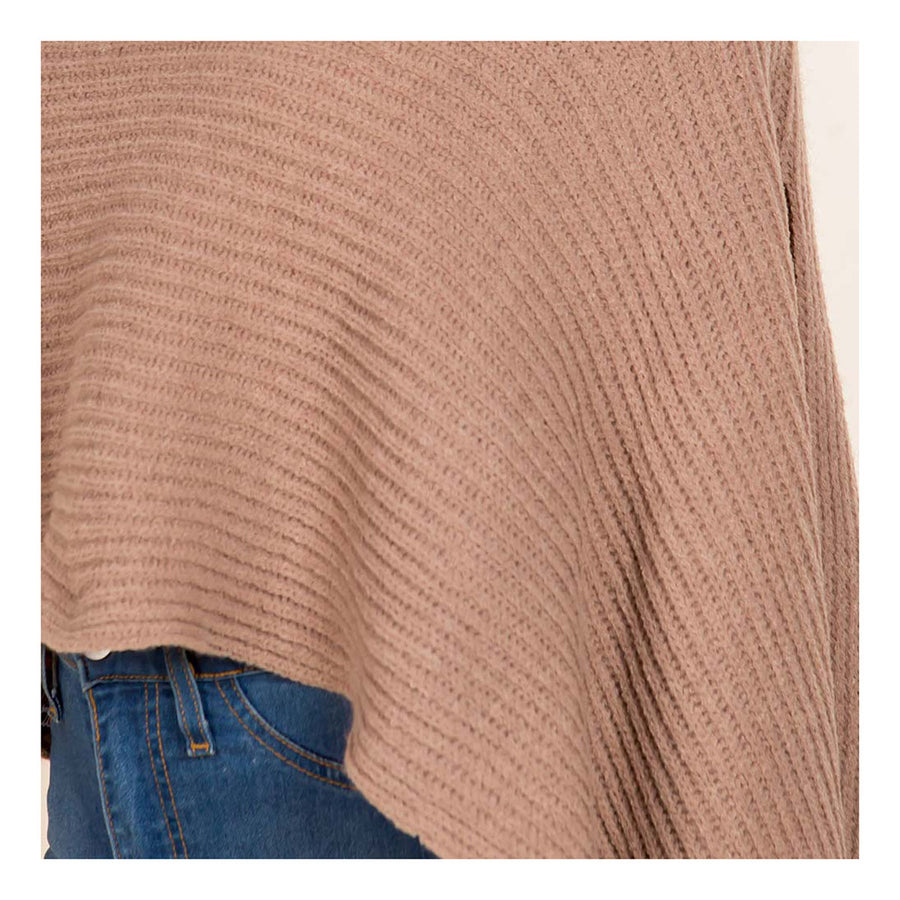 Tan Mock Neck Ribbed Knit Asymmetrical Cape Poncho