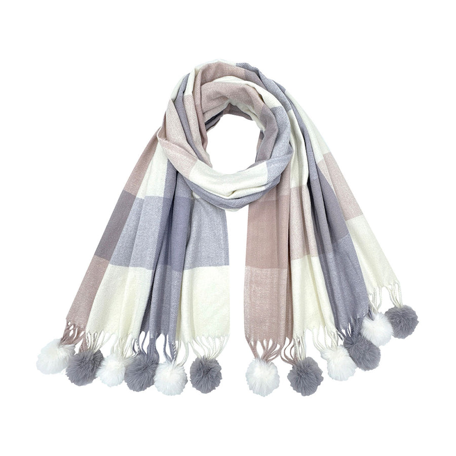Multi Blue Pom Pom Tassel Trim Plaid Scarf