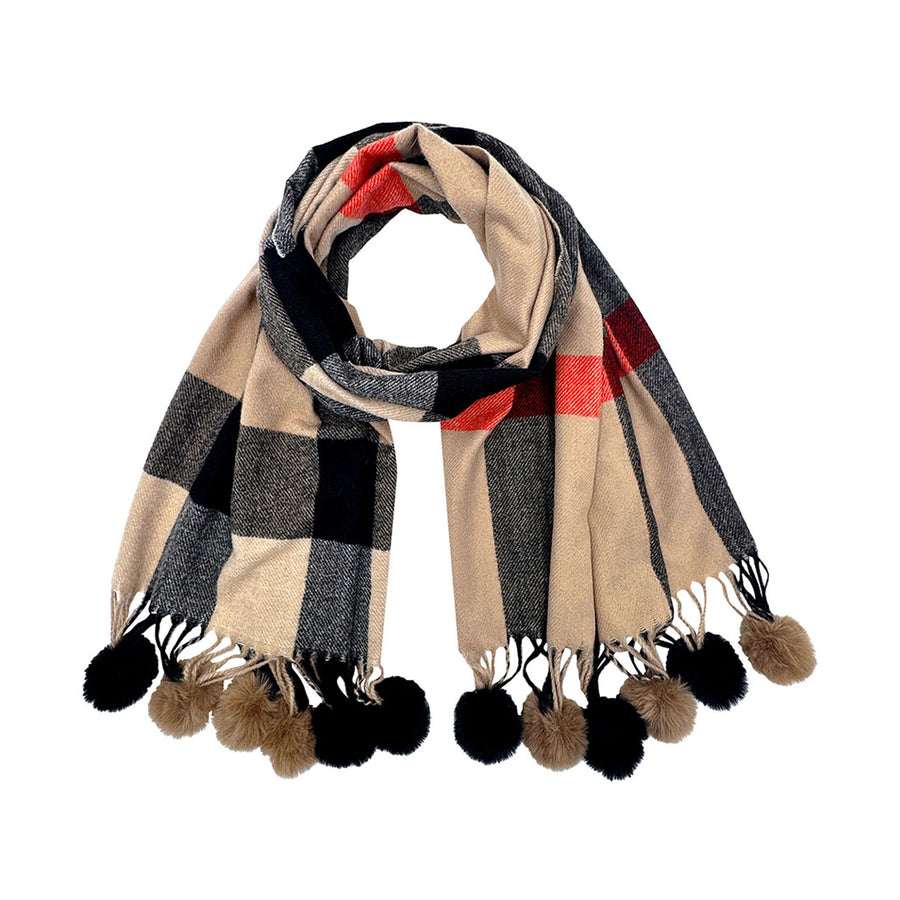 Multi Blue Pom Pom Tassel Trim Plaid Scarf