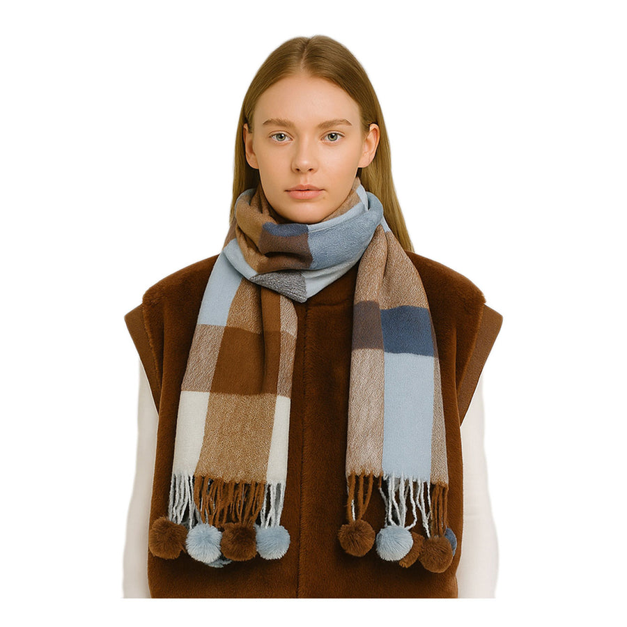 Multi Blue Pom Pom Tassel Trim Plaid Scarf