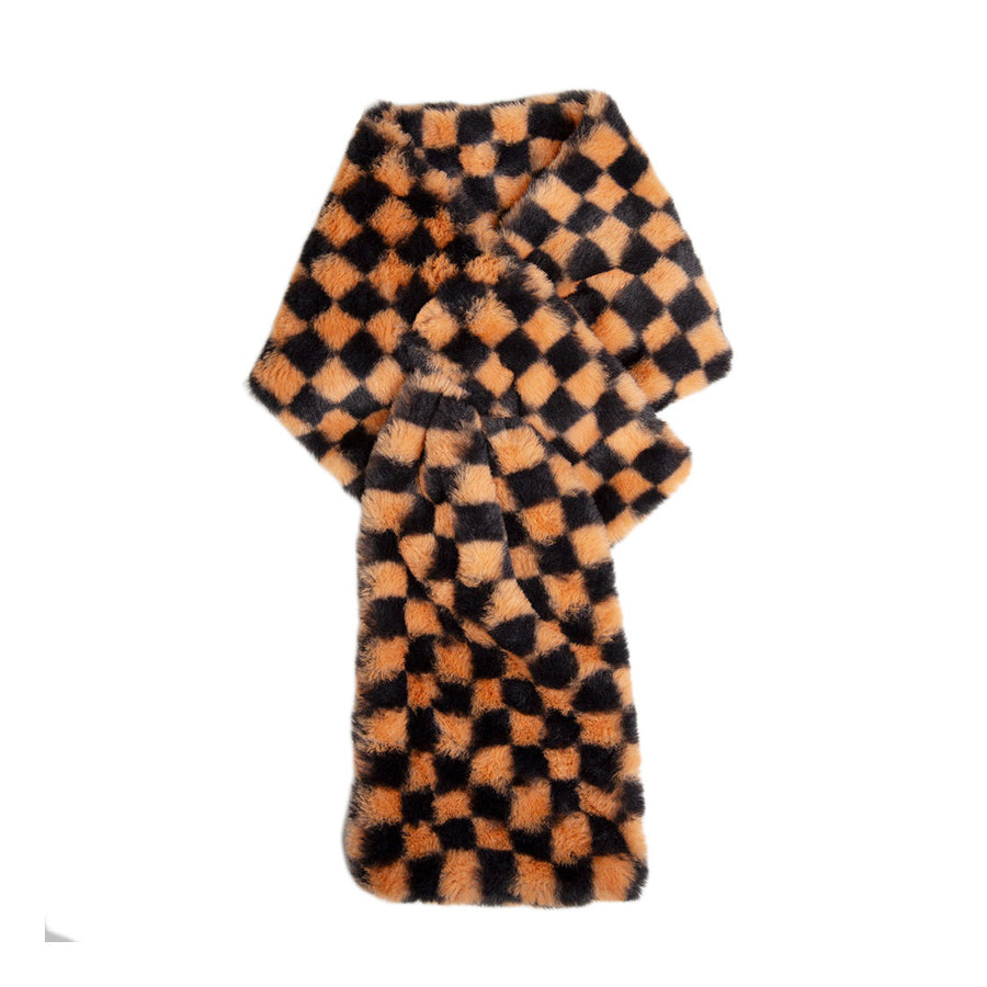 Two Tone White Faux Fur Checker Pull Through Scarf
