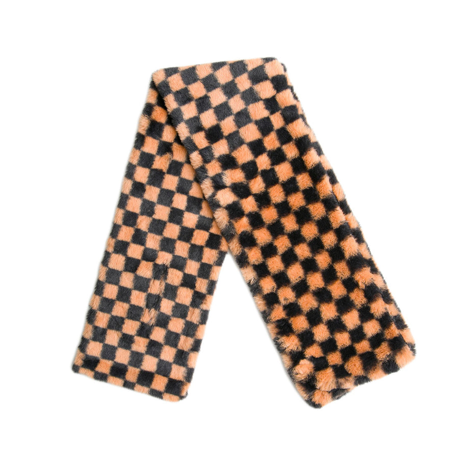 Two Tone White Faux Fur Checker Pull Through Scarf