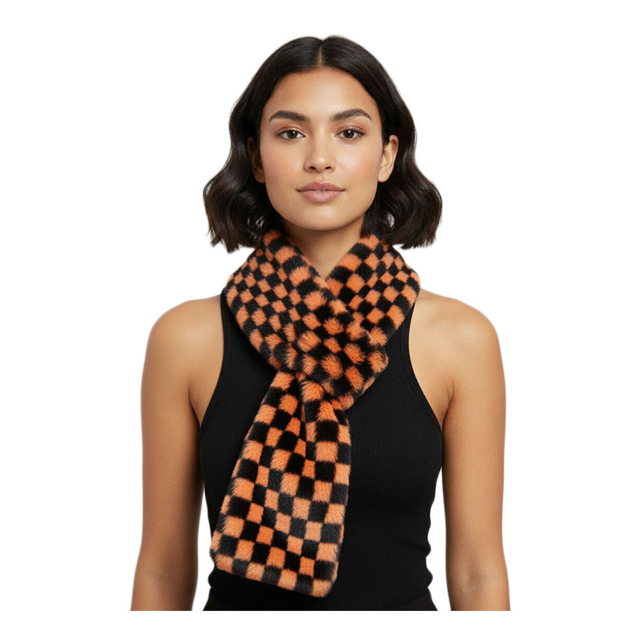 Two Tone White Faux Fur Checker Pull Through Scarf