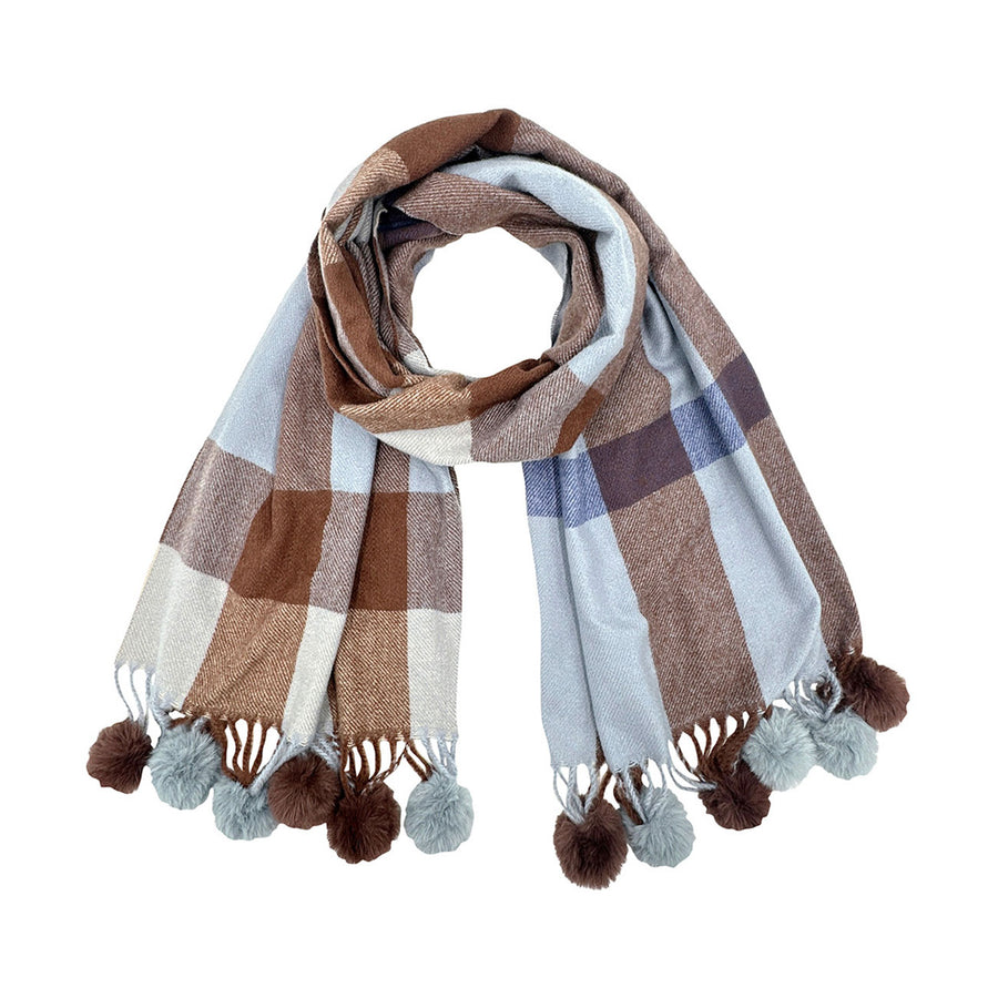 Multi Blue Pom Pom Tassel Trim Plaid Scarf