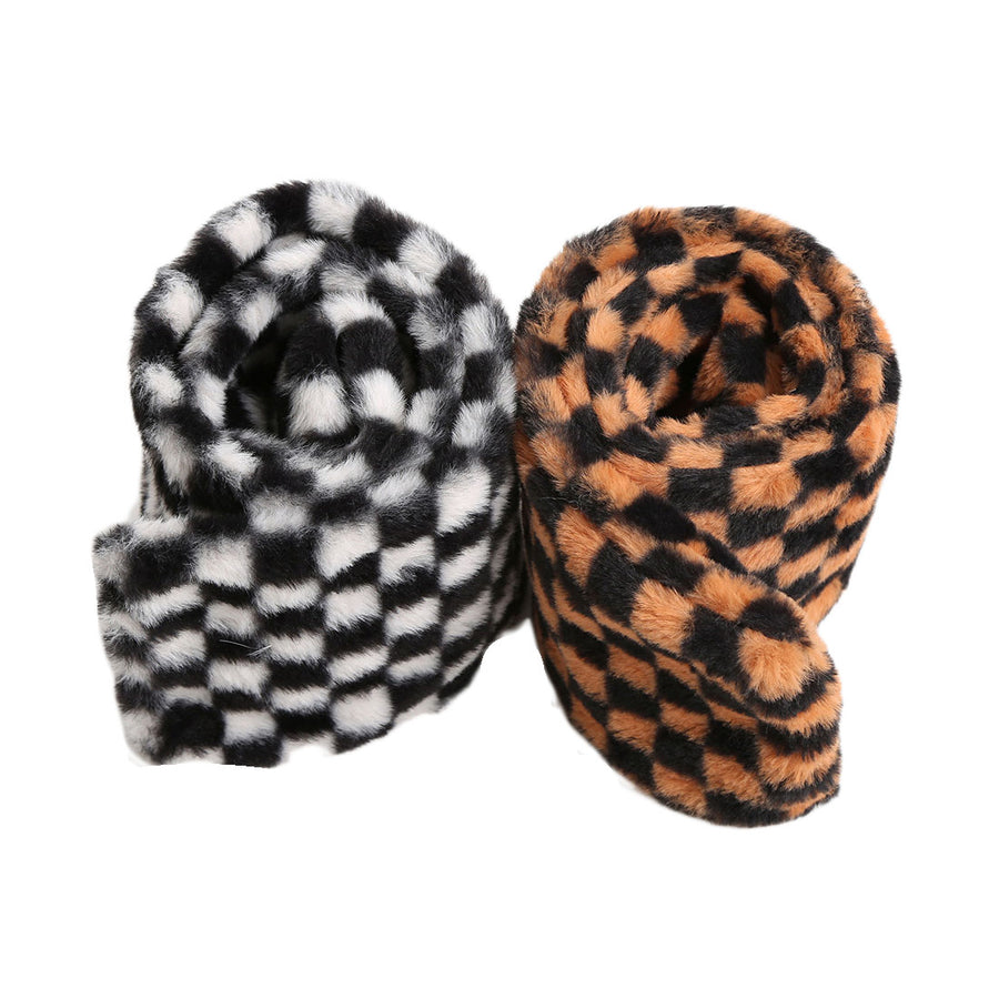 Two Tone White Faux Fur Checker Pull Through Scarf