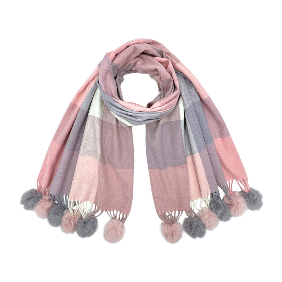 Multi Blue Pom Pom Tassel Trim Plaid Scarf