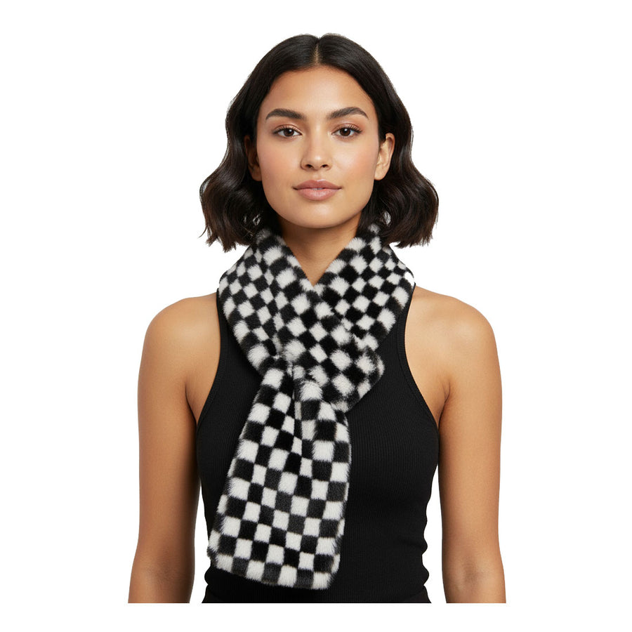 Two Tone White Faux Fur Checker Pull Through Scarf