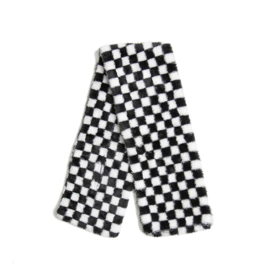 Two Tone White Faux Fur Checker Pull Through Scarf