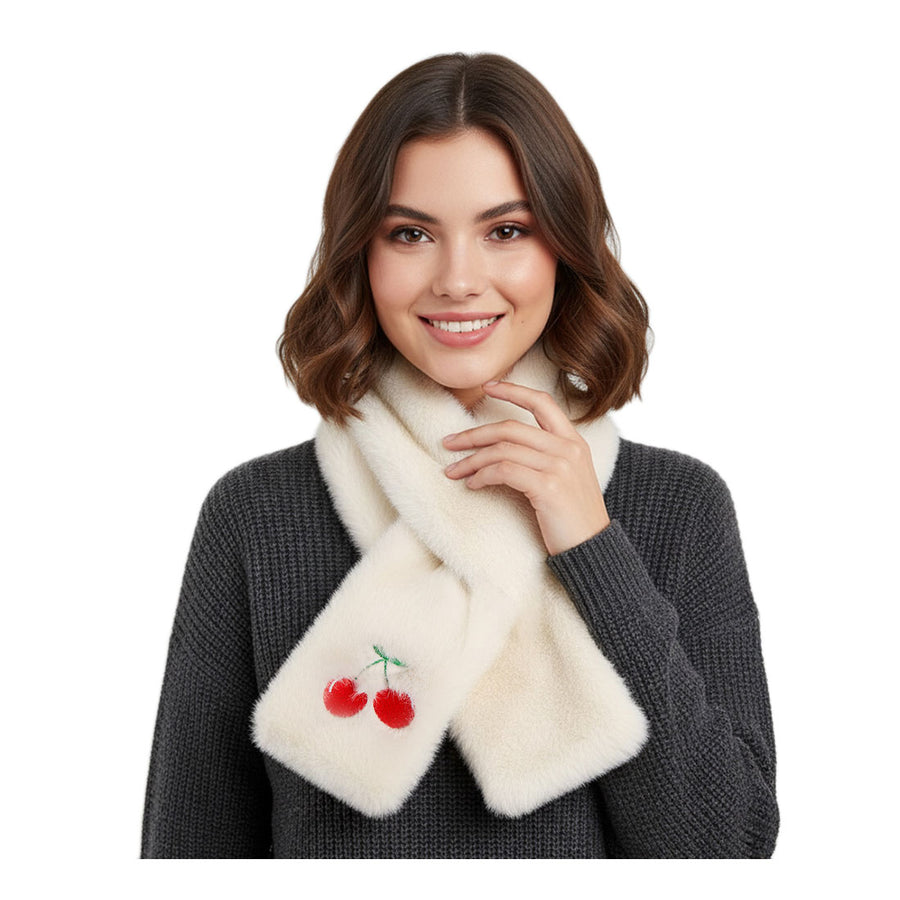 Faux Fur Plush Cherry Embroidered Pull Through Scarf