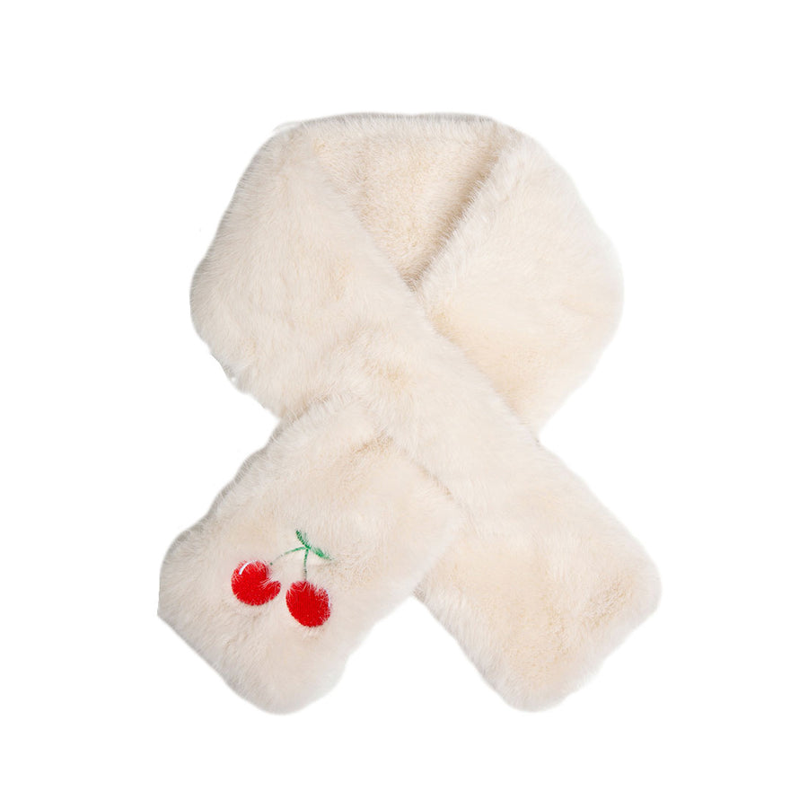 Faux Fur Plush Cherry Embroidered Pull Through Scarf
