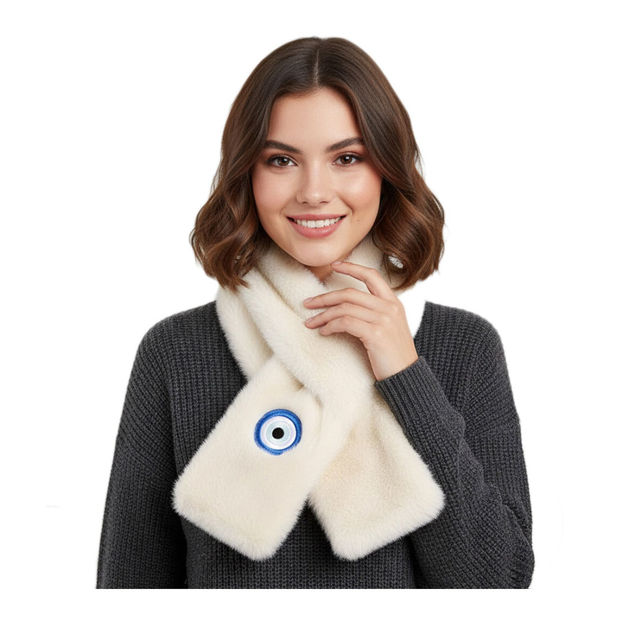 Faux Fur Plush Evil Eye Embroidered Pull Through Scarf