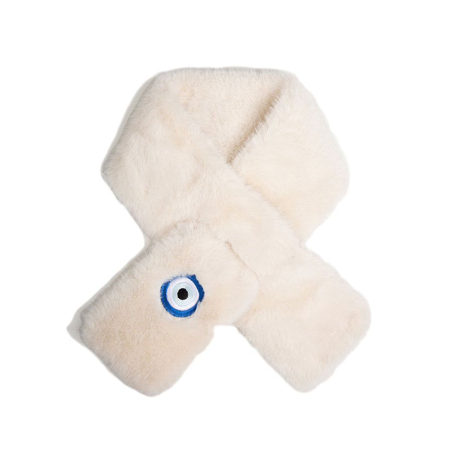 Faux Fur Plush Evil Eye Embroidered Pull Through Scarf