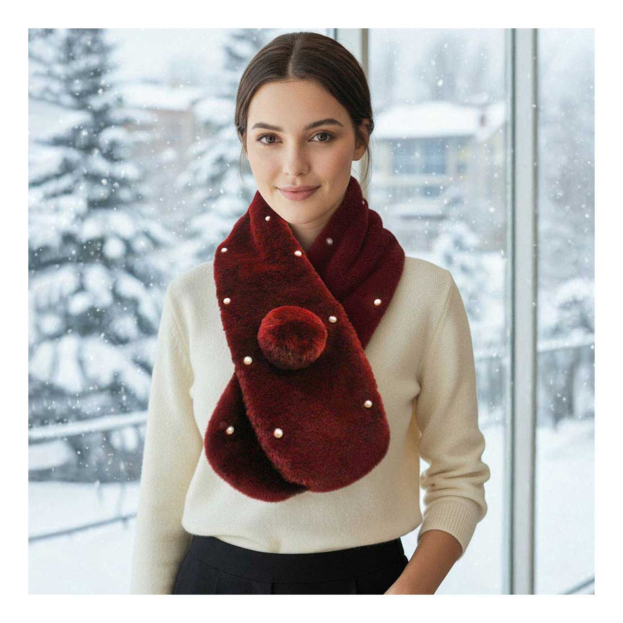 Burgundy Pearly Pom Pom Scarf