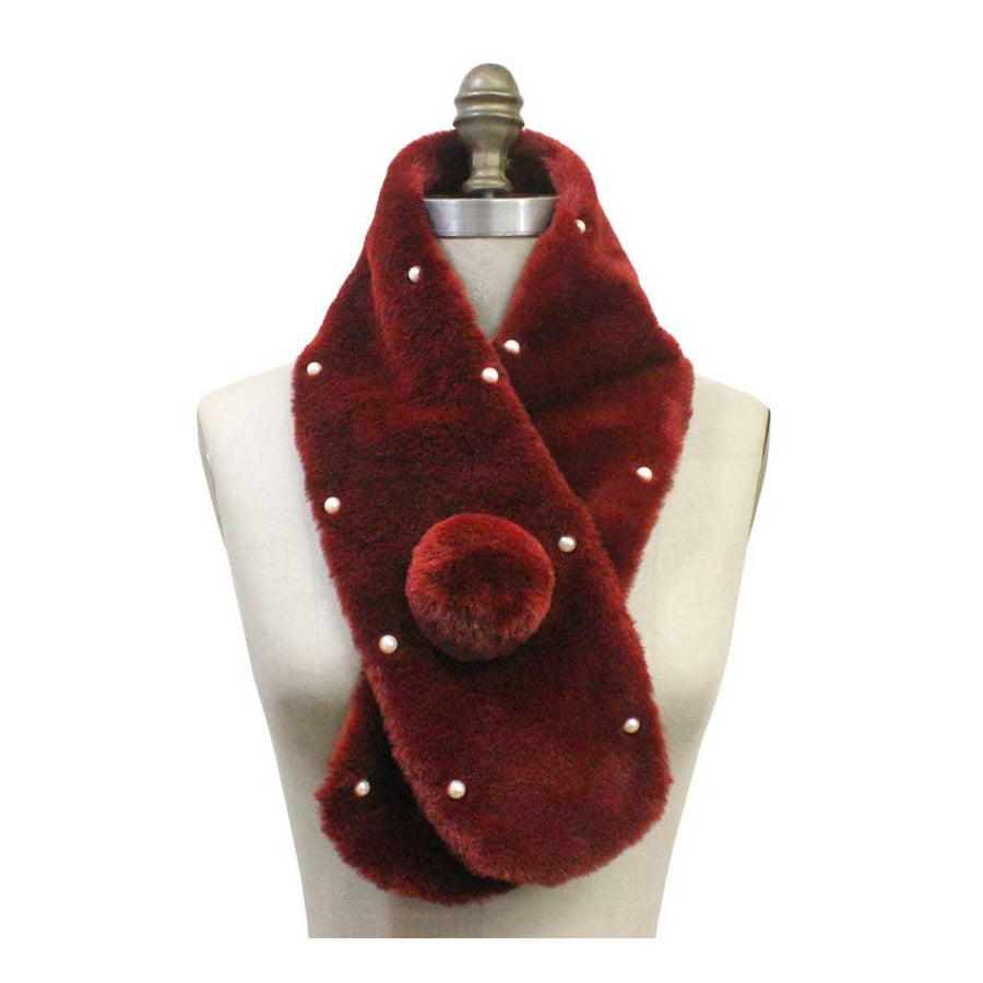 Burgundy Pearly Pom Pom Scarf