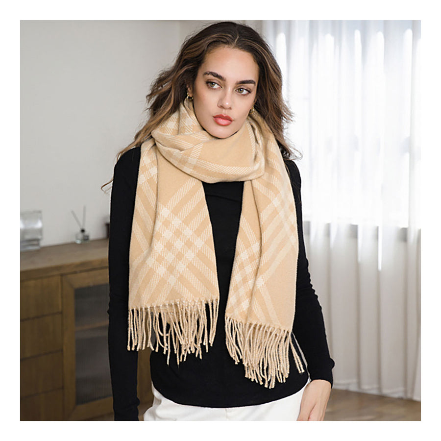 Tan Plaid Pattern Fringe Scarf