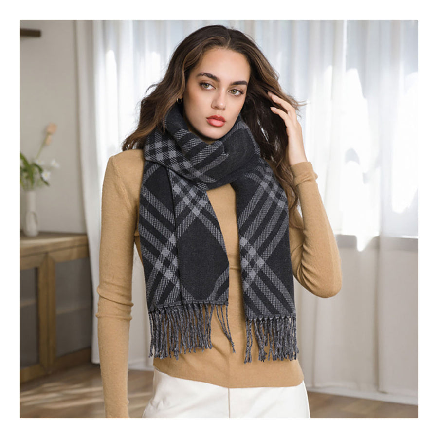 Tan Plaid Pattern Fringe Scarf