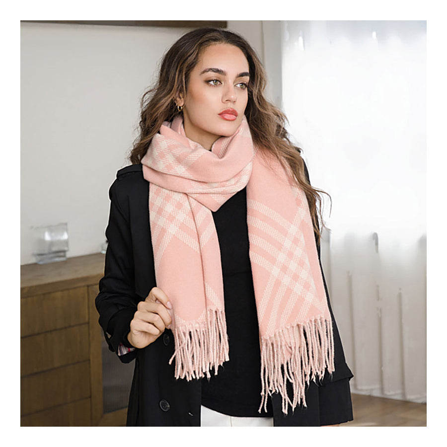 Tan Plaid Pattern Fringe Scarf