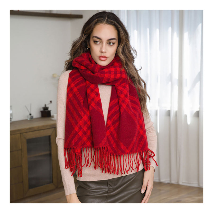 Tan Plaid Pattern Fringe Scarf