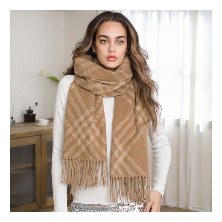 Tan Plaid Pattern Fringe Scarf