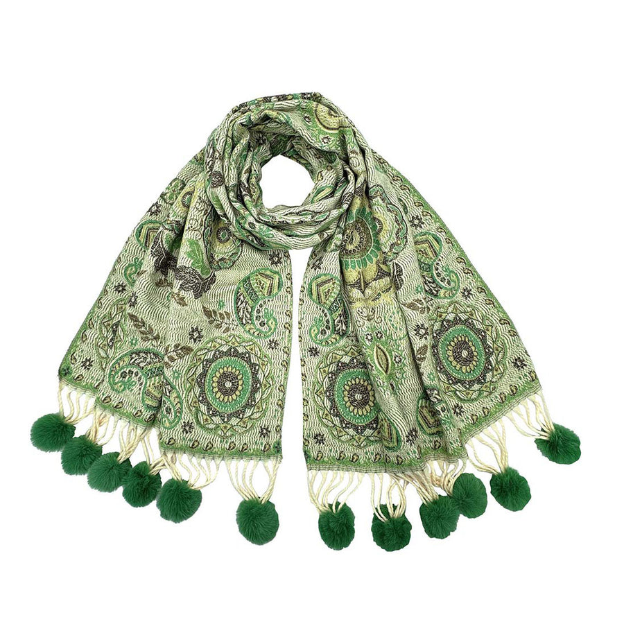 Elegant Green Pattern Pom Tassel Scarf