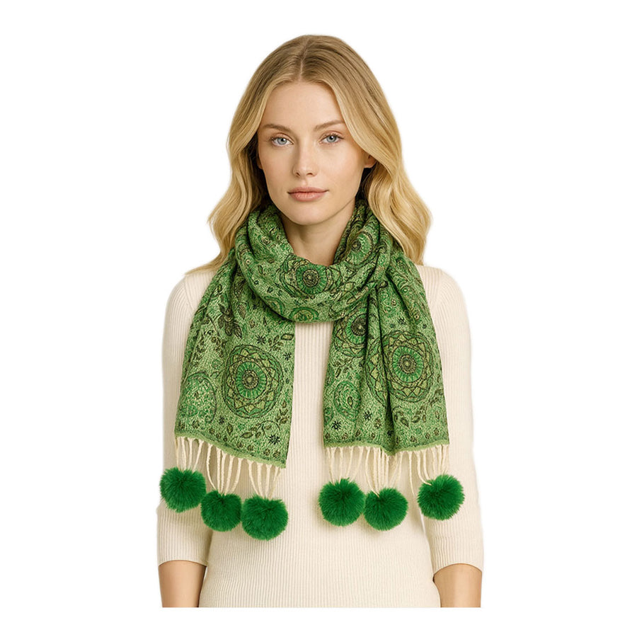 Elegant Green Pattern Pom Tassel Scarf