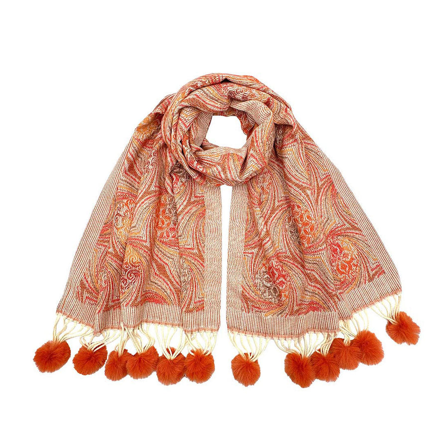 Elegant Green Pattern Pom Tassel Scarf