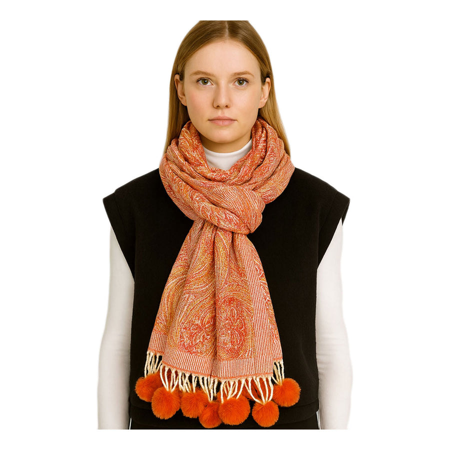 Elegant Green Pattern Pom Tassel Scarf