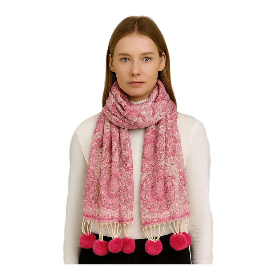 Elegant Green Pattern Pom Tassel Scarf