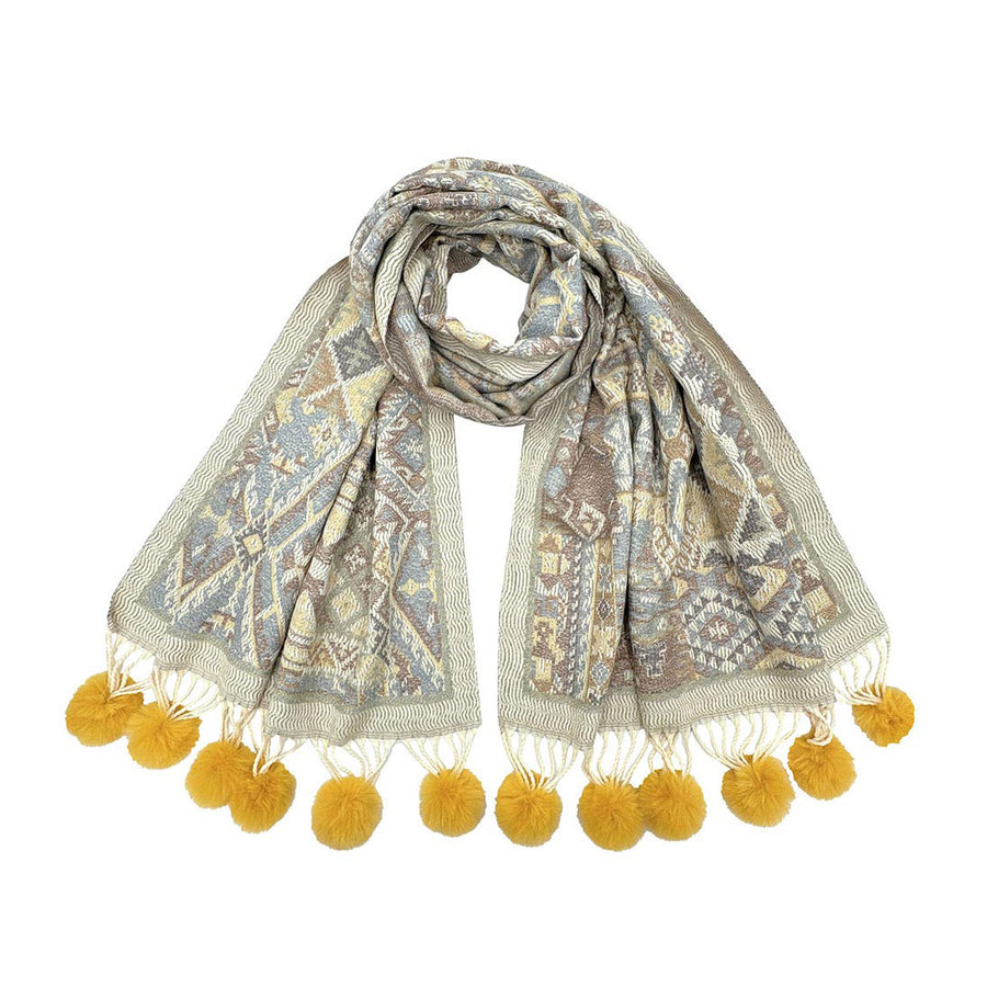 Elegant Green Pattern Pom Tassel Scarf