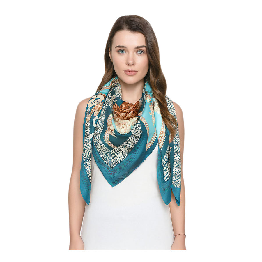 Elegant Turquoise Baroque Silk Feel Square Scarf