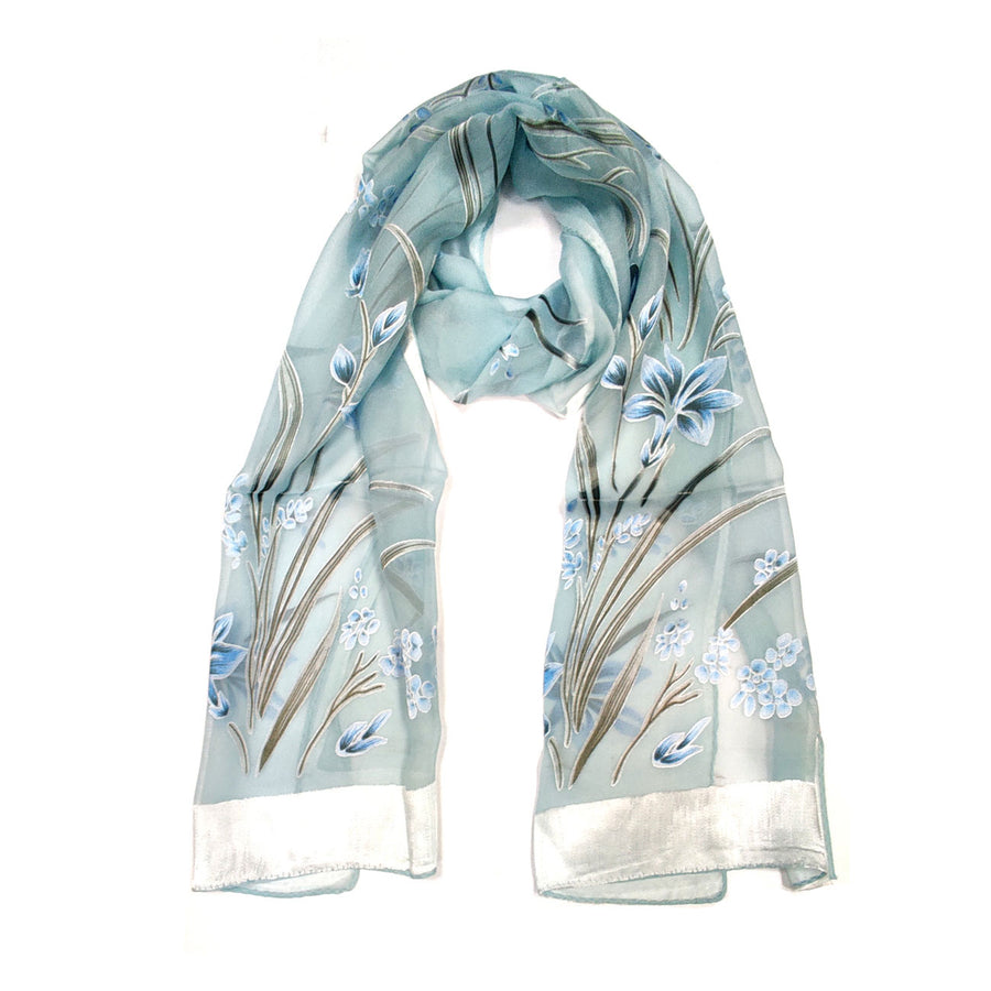 Blue Floral Print Silk Scarf