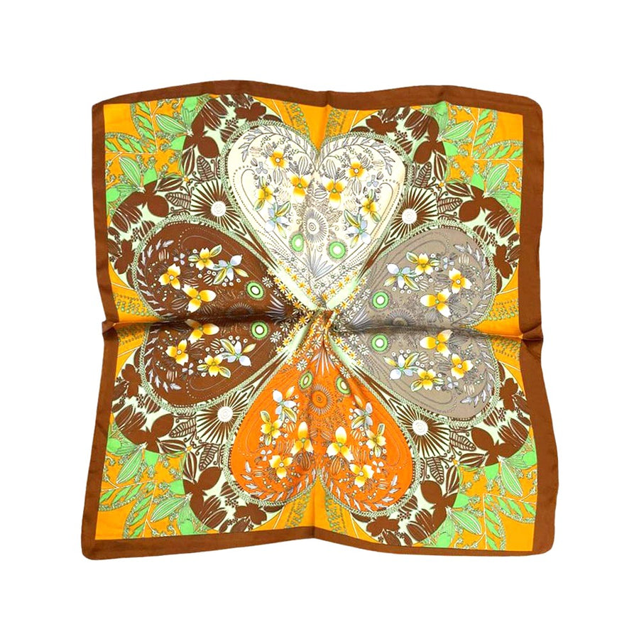 Multi Orange Clover Print Square Silky Scarf Shawl