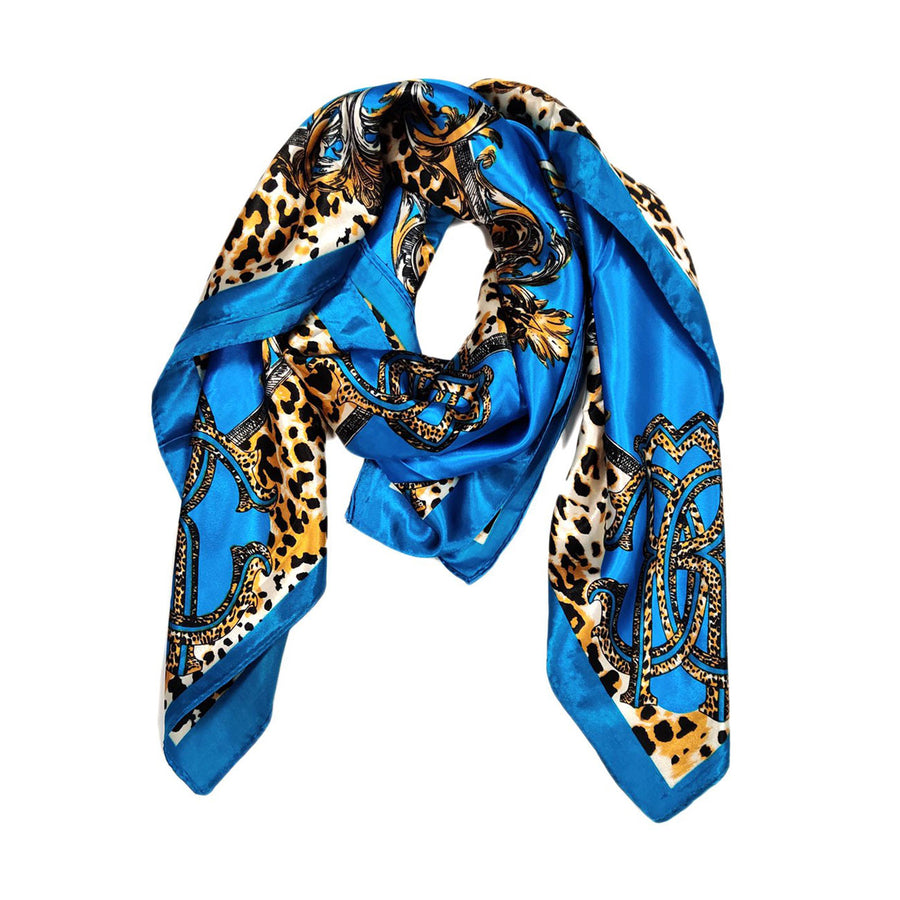 Blue Abstract Leopard Print Square Silky Satin Scarf Shawl