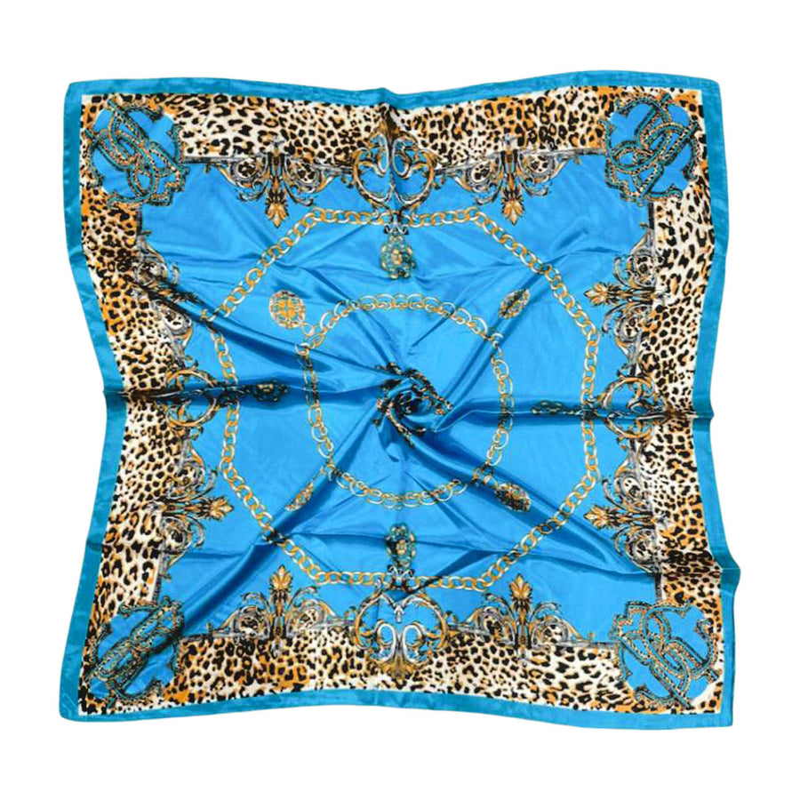 Blue Abstract Leopard Print Square Silky Satin Scarf Shawl