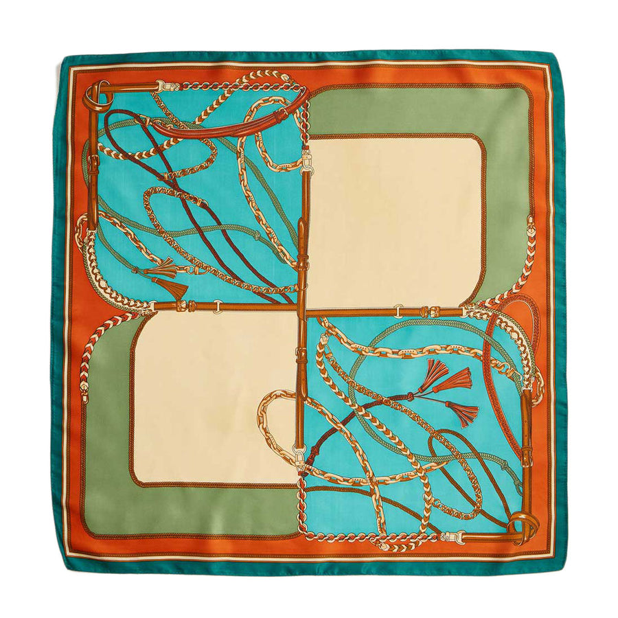 Teal Chain Rope Print Square Silky Satin Scarf